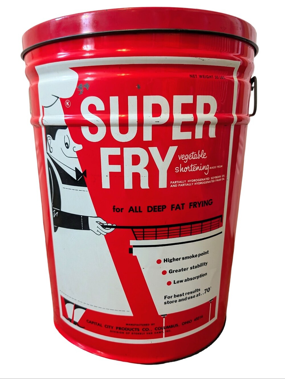 Vintage MCM 50 Pound Canister/Tin Super Fry Vegetable Shortening Chef Logo Red